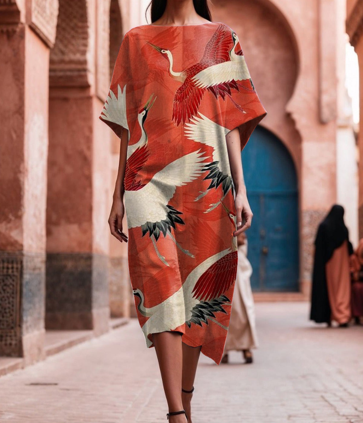 エレガントな半袖プリントドレス