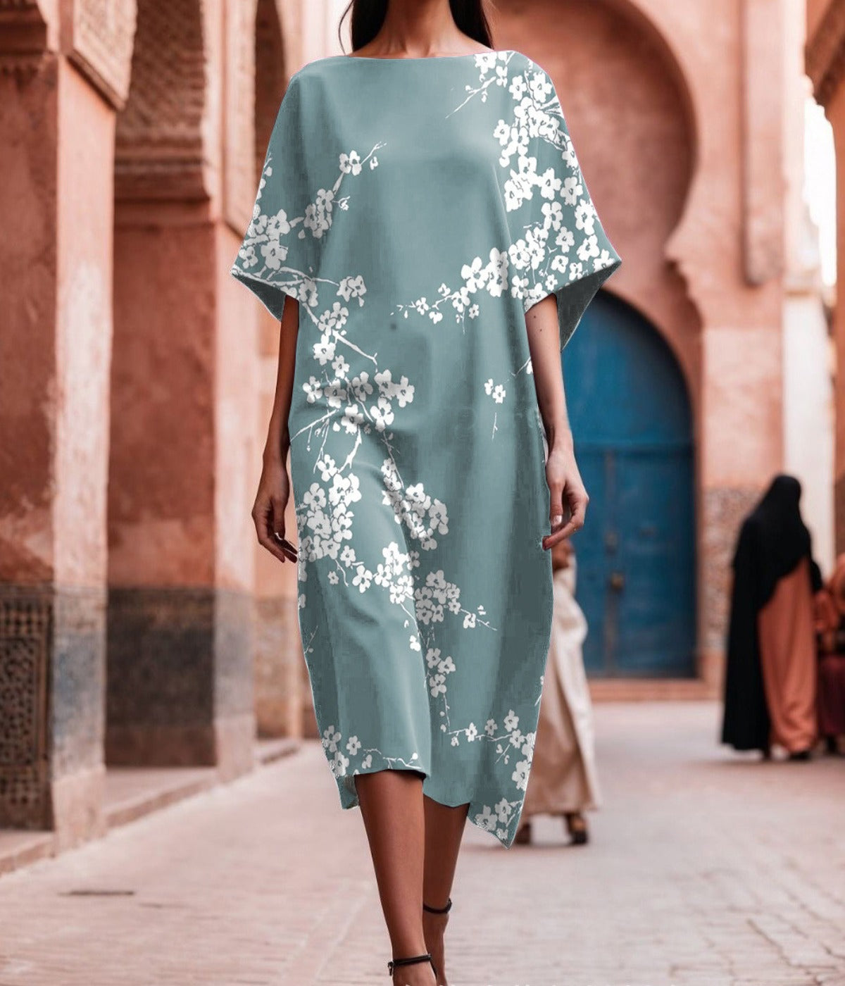 エレガントな半袖プリントドレス