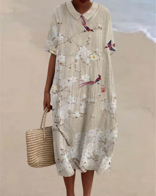 ホワイトツリー柄の襟付きワンピース