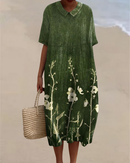 グリーンフラワー柄の襟付きワンピース