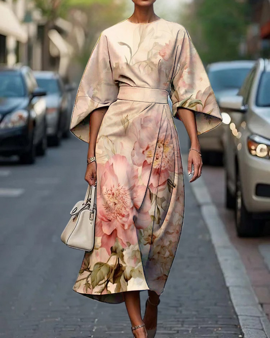 エレガント花柄ミディドレス