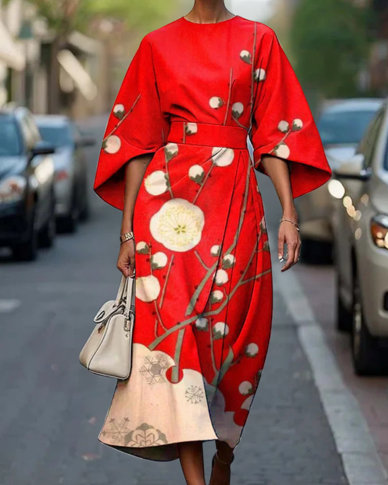 赤い葉柄のエレガントドレス