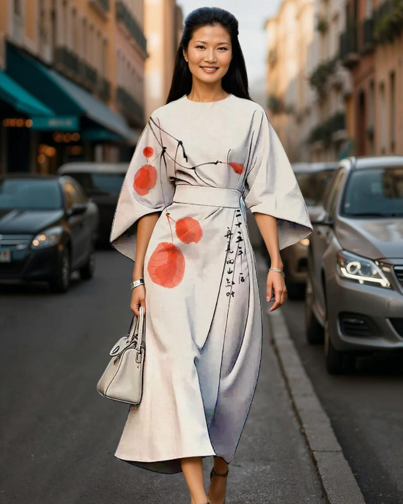 オレンジの葉のマキシドレス