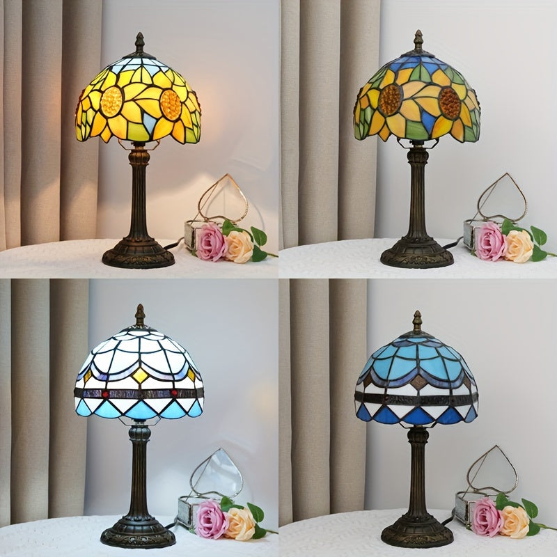 8インチステンドグラス テーブルランプ、暖かい光、リビング・寝室・デスク用、欧州レトロスタイル、ギフト向け