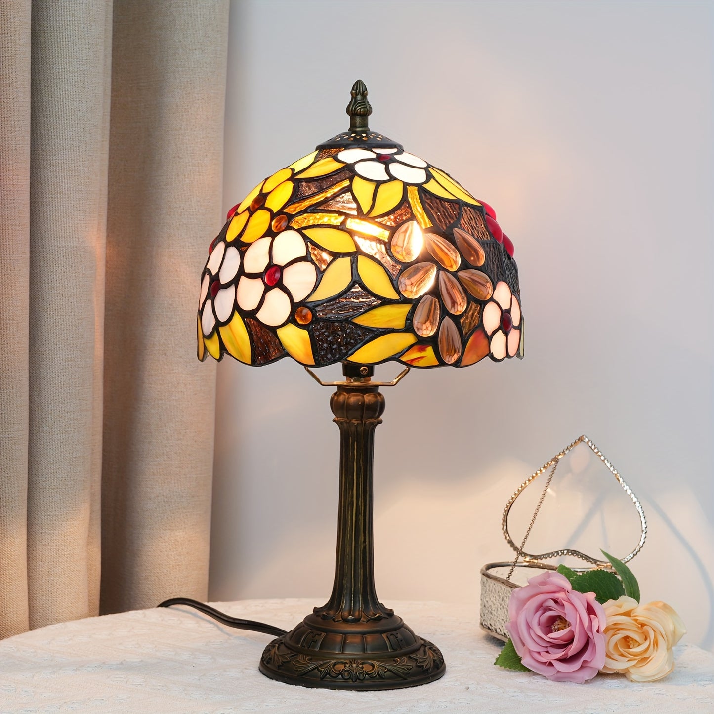8インチステンドグラス テーブルランプ、暖かい光、リビング・寝室・デスク用、欧州レトロスタイル、ギフト向け